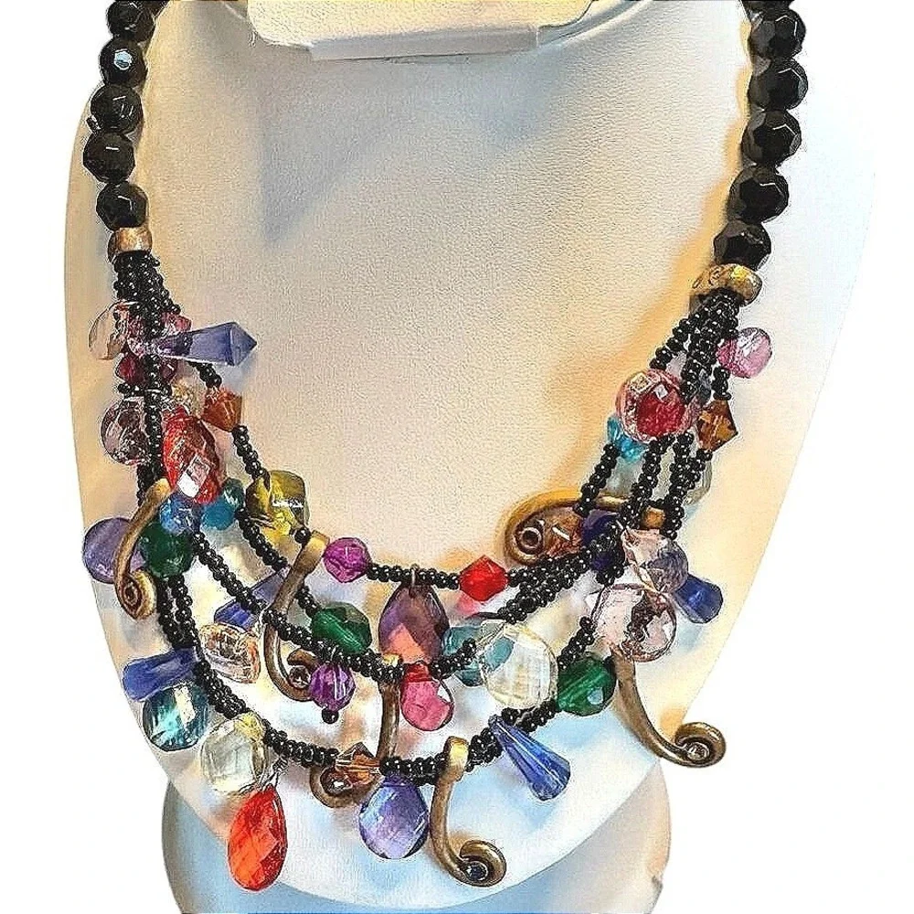 NWOT Bohemian Multi Color Crystal Beaded Statement Necklace with Bronze Accents - Picture 2 of 4